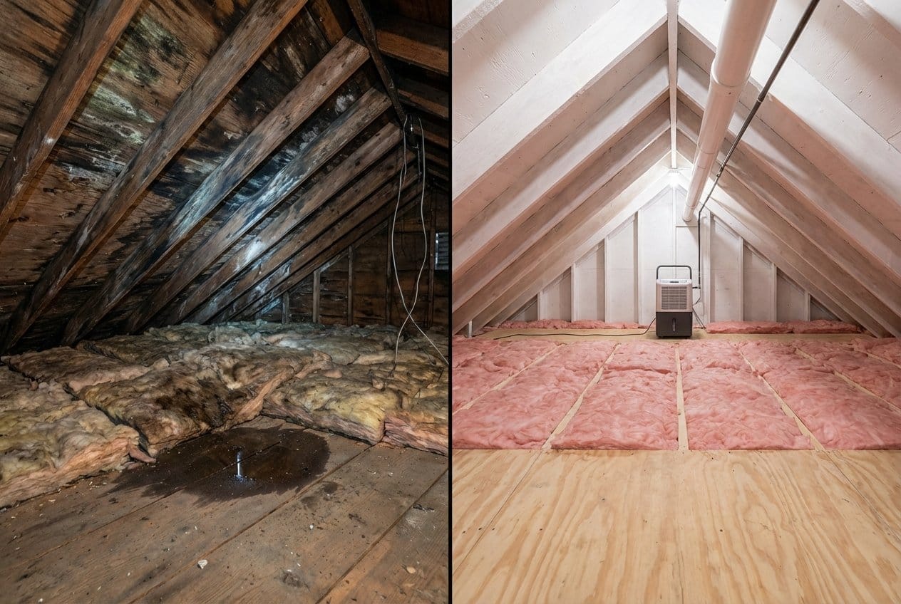 Before and after mold removal & remediation in Alpine commercial property attic space