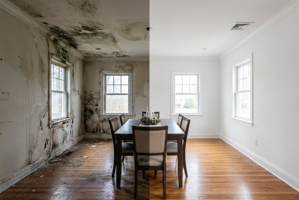 Before and after black mold removal in Alpine bungalow dining room