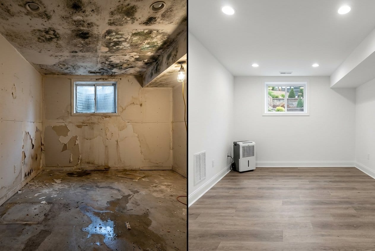 Attic & Crawl Space Mold Removal before and after in finished basement, Alpine NJ