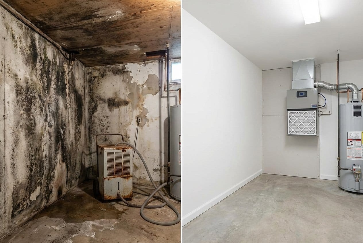 Attic & Crawl Space Mold Removal restoration — utility room of split-level home in Alpine, NJ