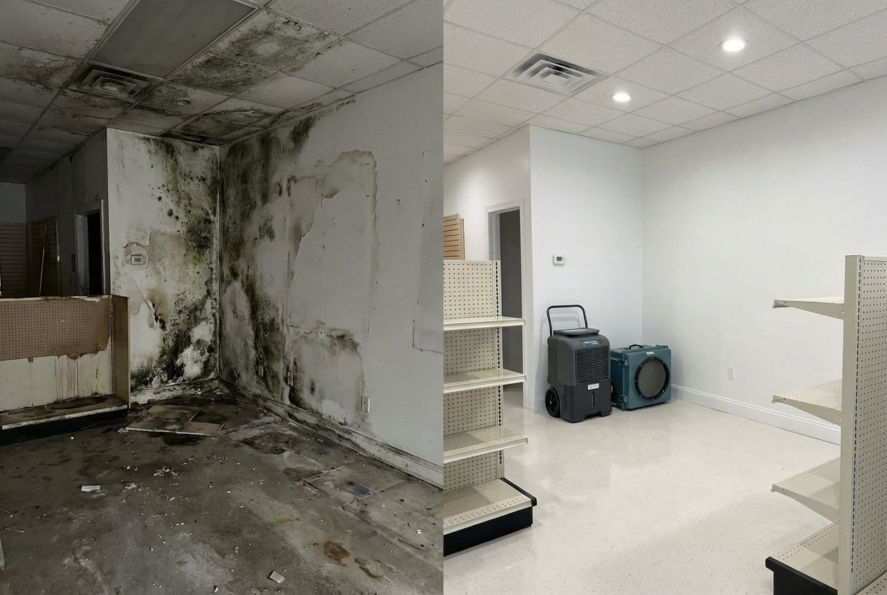 Before and after attic & crawl space mold removal in Alpine Cape Cod house storefront interior