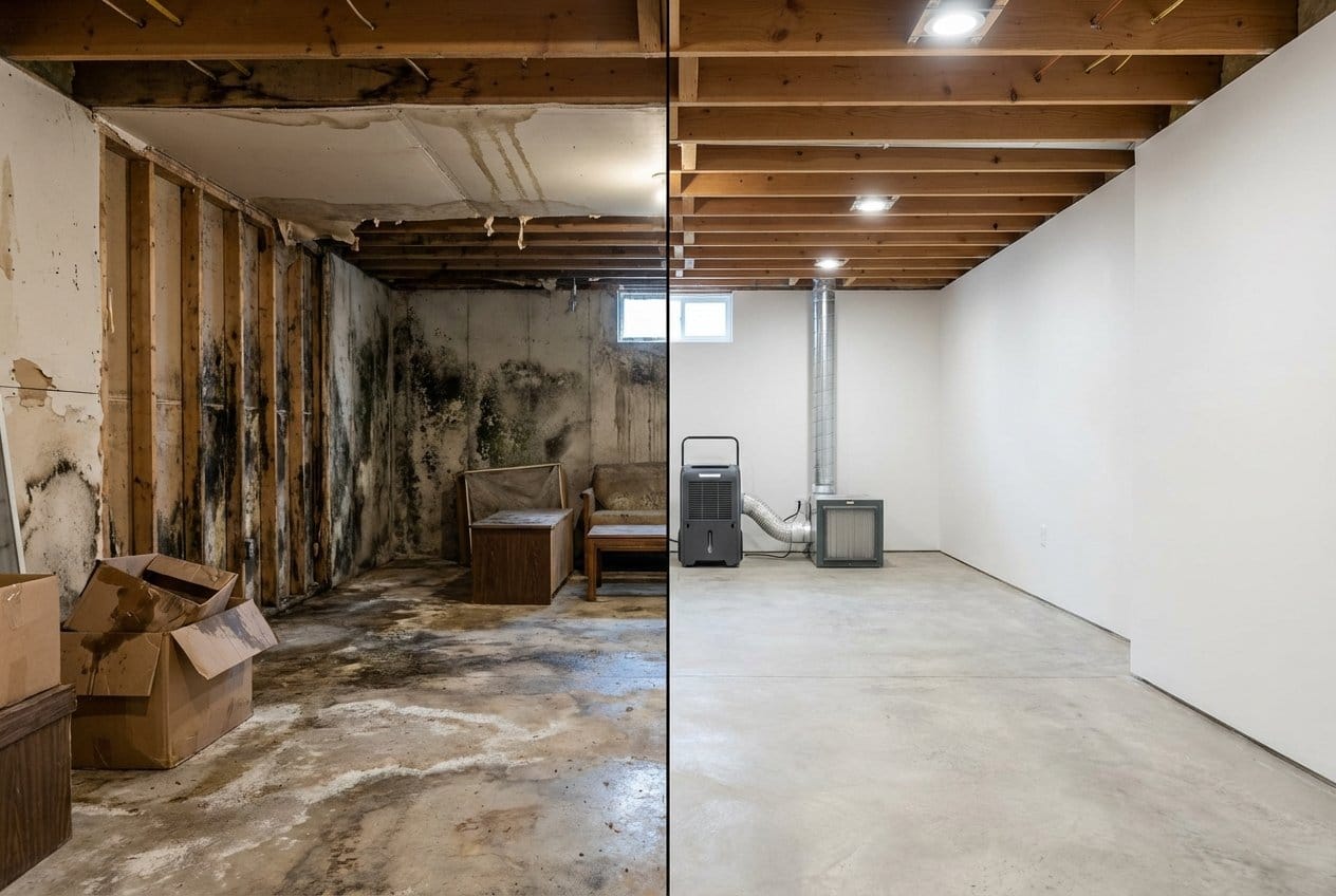 Basement & Foundation Mold Removal before and after in residential basement, Alpine NJ