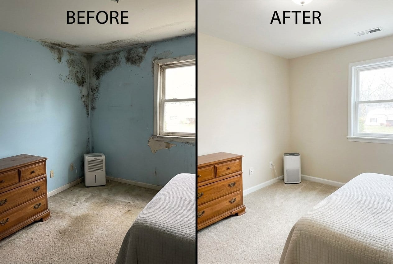 Before and after bathroom & kitchen mold removal in Alpine bi-level home bedroom