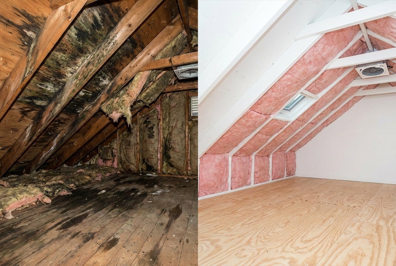 Before and after post-remediation cleaning & clearance in Alpine single-family home attic space