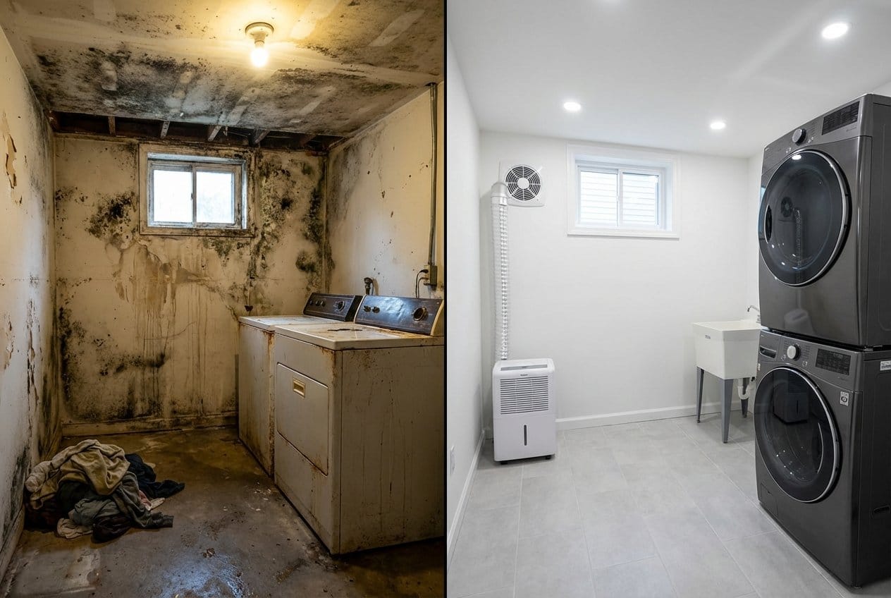 Odor Removal & Disinfection restoration — laundry room of Cape Cod house in Alpine, NJ