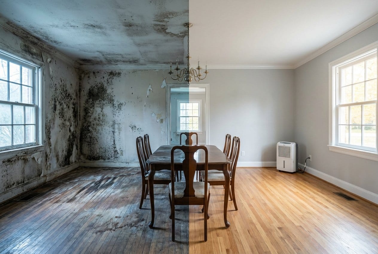 Before and after odor removal & disinfection in Alpine ranch-style home dining room