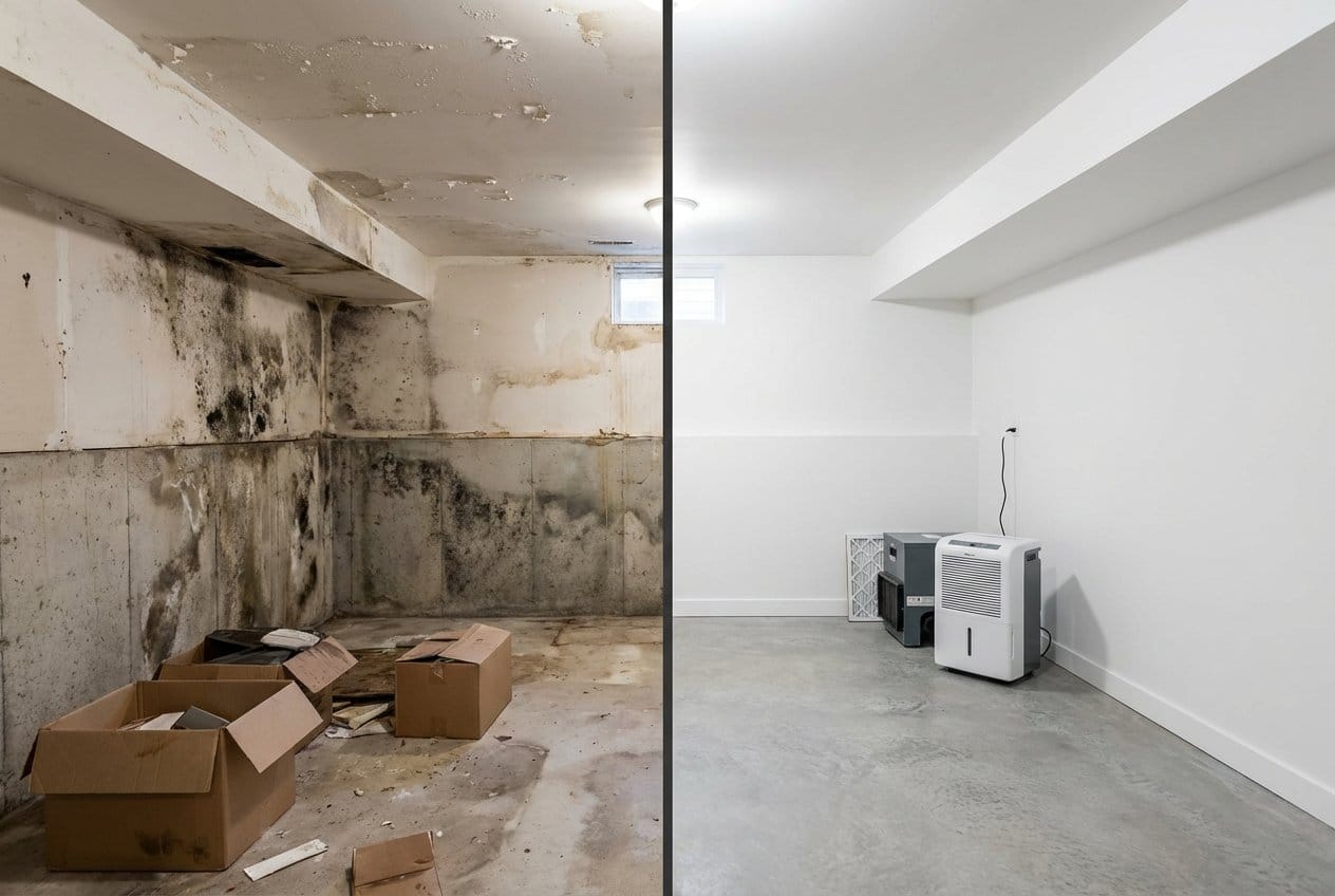 Humidity & Moisture Control Solution before and after in finished basement, Alpine NJ