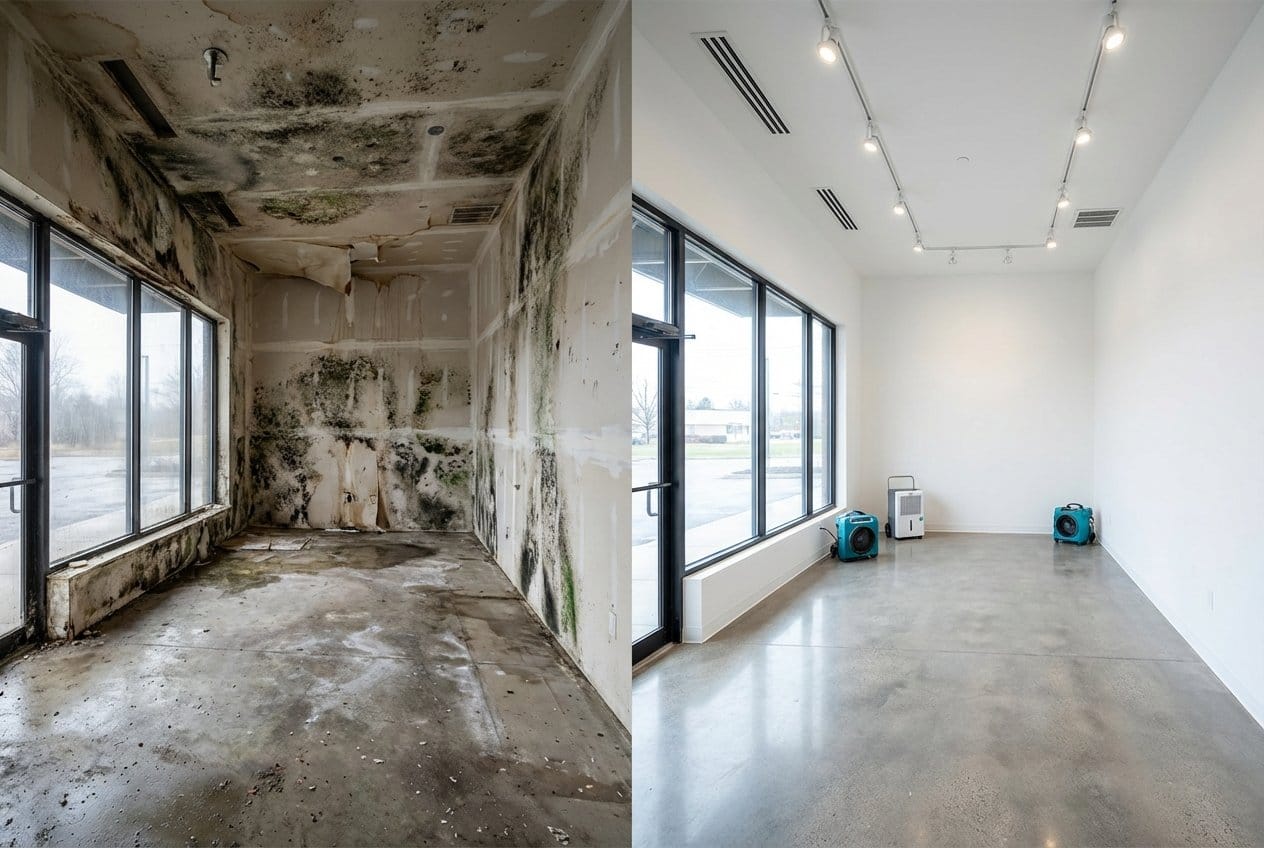 Before and after humidity & moisture control solution in Alpine townhouse storefront interior