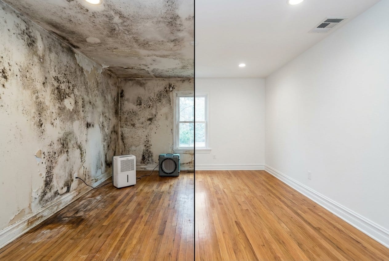 Alpine Mold Removal living room restoration before and after in Alpine